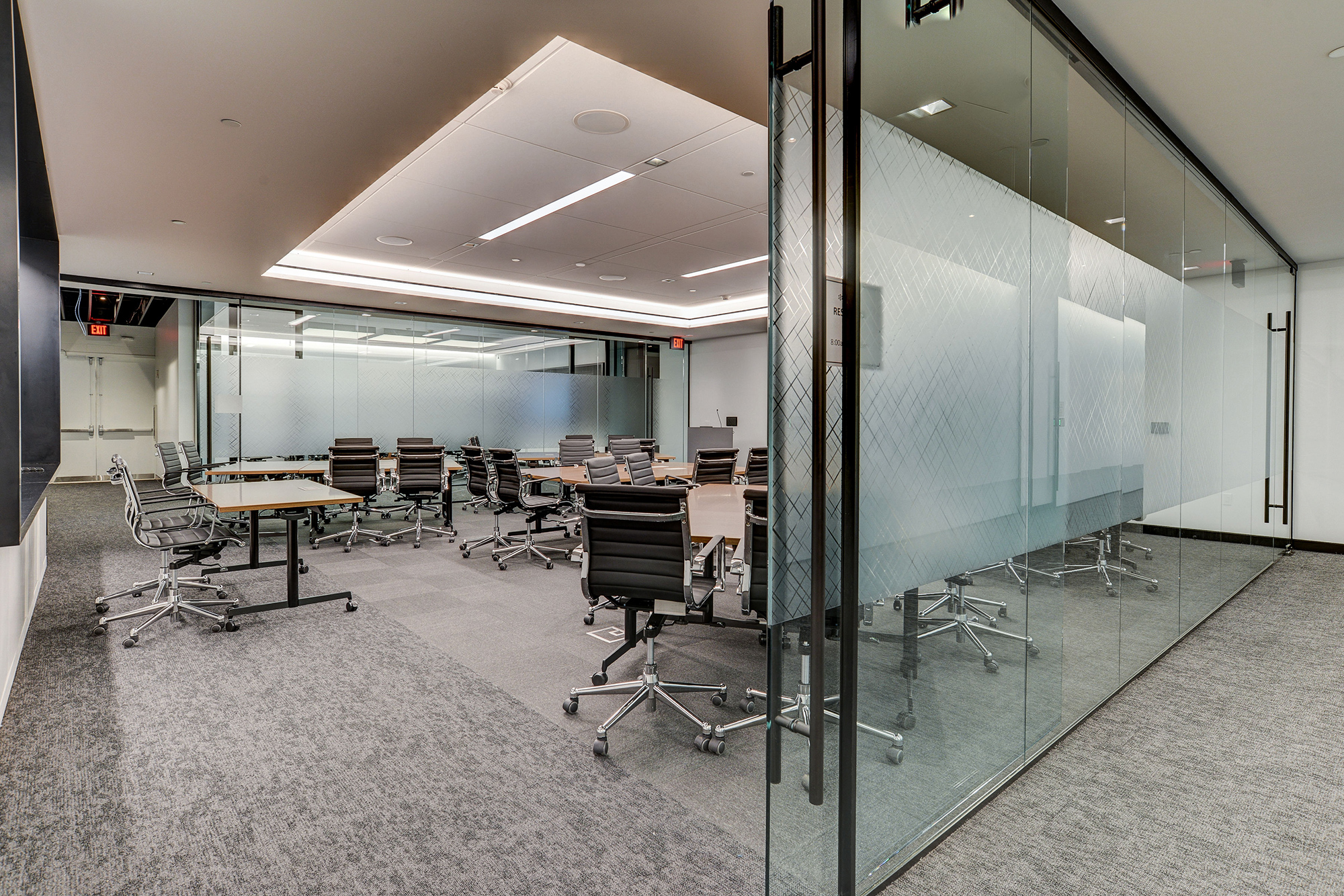 Conference Room with Glass Walls, seats and tables